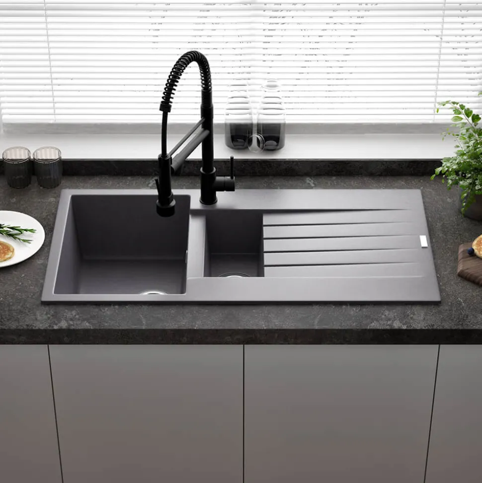 Reginox Harlem 1.5 Bowl Grey Silvery Granite Composite Sink & Waste Kit and Vellamo Revolve Stainless Steel Mono Kitchen Mixer