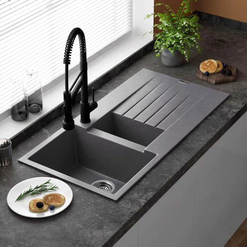 Reginox Harlem 1.5 Bowl Grey Silvery Granite Composite Sink & Waste Kit and Vellamo Revolve Stainless Steel Mono Kitchen Mixer