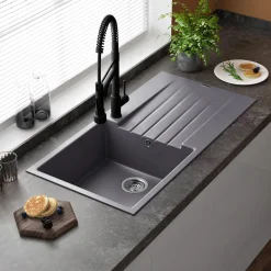 Reginox Harlem 1 Bowl Grey Silvery Granite Composite Sink & Waste Kit and Vellamo Hanbury Pull Out Mono Kitchen Mixer