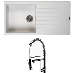 Reginox Harlem 1 Bowl White Granite Composite Sink & Waste Kit and Vellamo Hanbury Pull Out Mono Kitchen Mixer