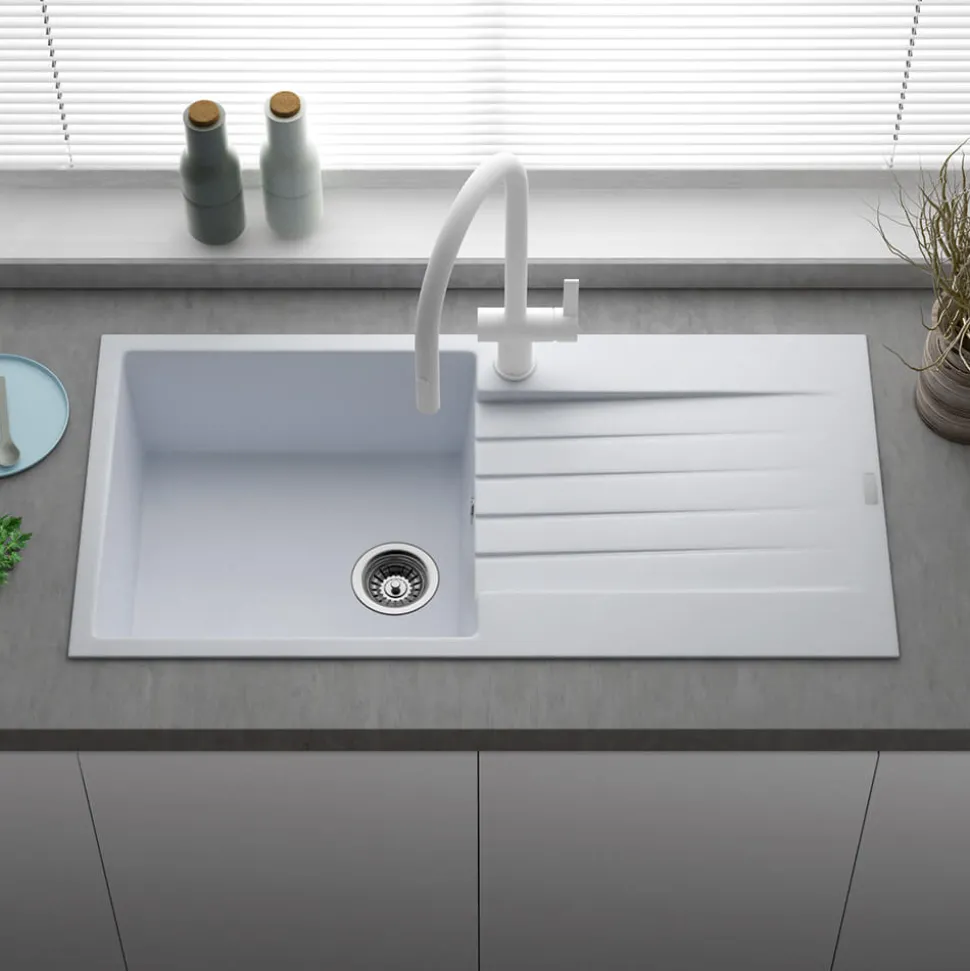 Reginox Harlem 1 Bowl White Granite Composite Sink & Waste Kit and Vellamo Hanbury Pull Out Mono Kitchen Mixer