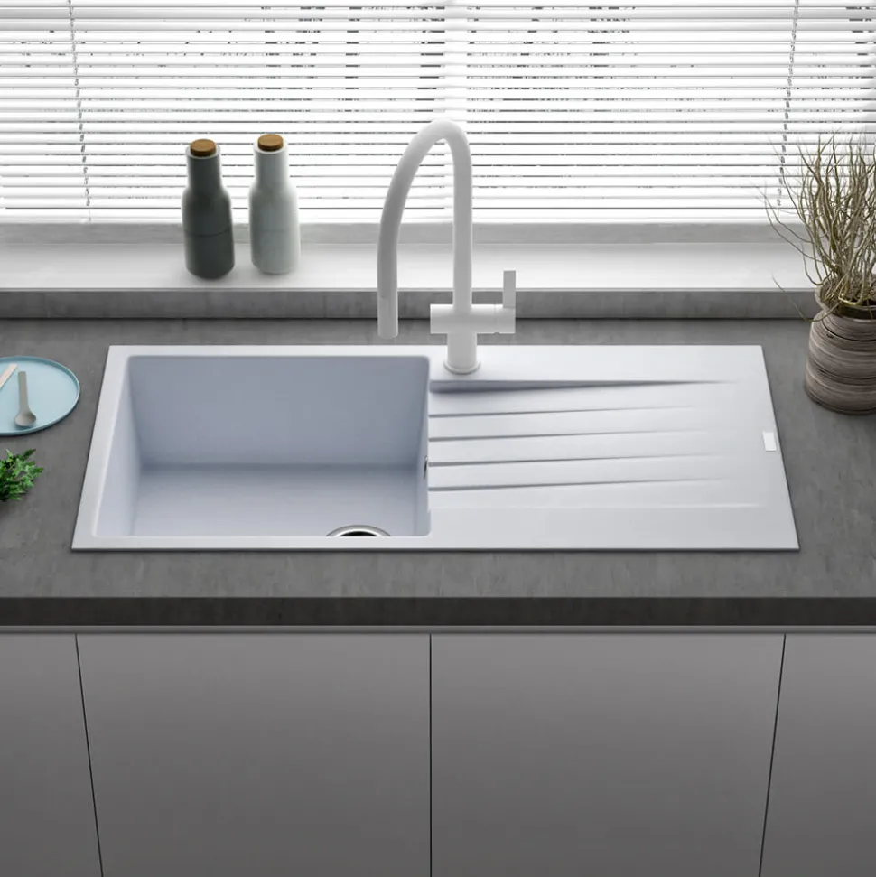 Reginox Harlem 1 Bowl White Granite Composite Sink & Waste Kit and Vellamo Hanbury Pull Out Mono Kitchen Mixer