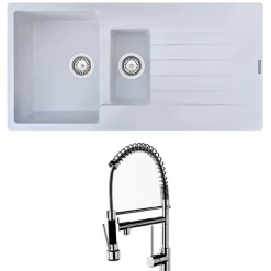 Reginox Harlem 1.5 Bowl White Granite Composite Sink & Waste Kit and Vellamo Hanbury Pull Out Mono Kitchen Mixer