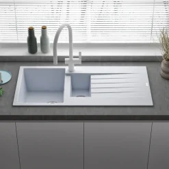 Reginox Harlem 1.5 Bowl White Granite Composite Sink & Waste Kit and Vellamo Hanbury Pull Out Mono Kitchen Mixer
