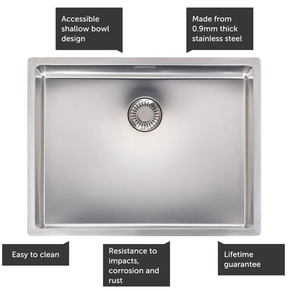 Reginox New Jersey Accessible Shallow Single Bowl Stainless Steel Inset / Undermount Kitchen Sink & Waste Kit - 540 x 410mm