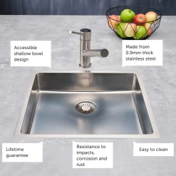 Reginox New Jersey Accessible Shallow Single Bowl Stainless Steel Inset / Undermount Kitchen Sink & Waste Kit - 440 x 410mm
