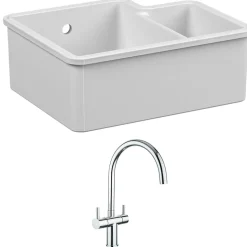 Reginox Tuscany 1.5 Bowl Undermount Ceramic Sink & Waste Kit and Vellamo Caspian Dual Lever Mono Kitchen Mixer