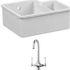 Reginox Tuscany 1.5 Bowl Undermount Ceramic Sink & Waste and Butler & Rose Victoria Traditional Mono Kitchen Mixer Tap