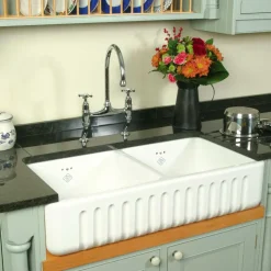 Shaws Ribchester White Ceramic Double Bowl Fluted Apron Front Sink - 795 x 465mm