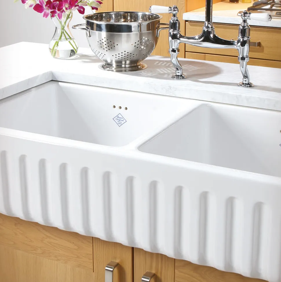 Shaws Ribchester White Ceramic Double Bowl Fluted Apron Front Sink - 795 x 465mm