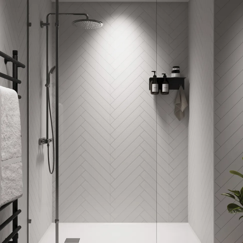 Showerwall Snow White Herringbone Laminate Tile - 2400 x 600mm