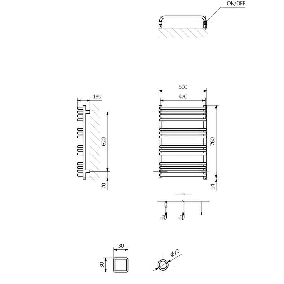 Terma Alex One Electric Heated Towel Rail with Heating Element