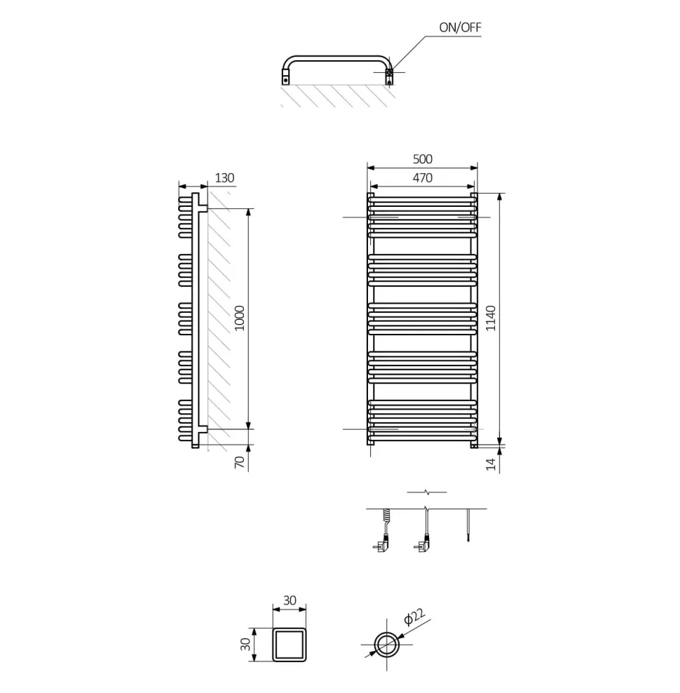 Terma Alex One Electric Heated Towel Rail with Heating Element