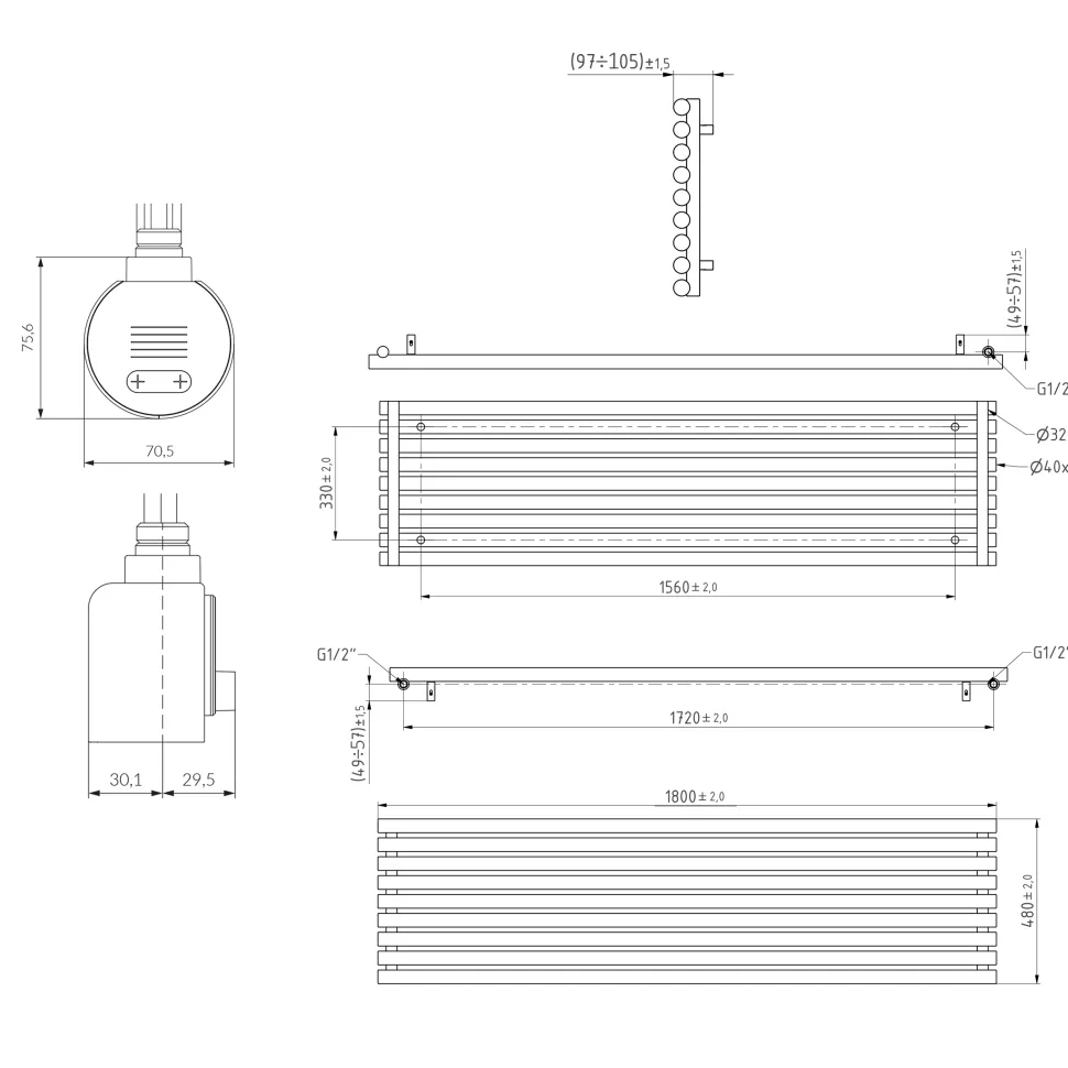 Terma Rolo Room E Single Panel 1800 x 480mm Electric Radiator with 1000W Wi-Fi Controlled VEO Heating Element