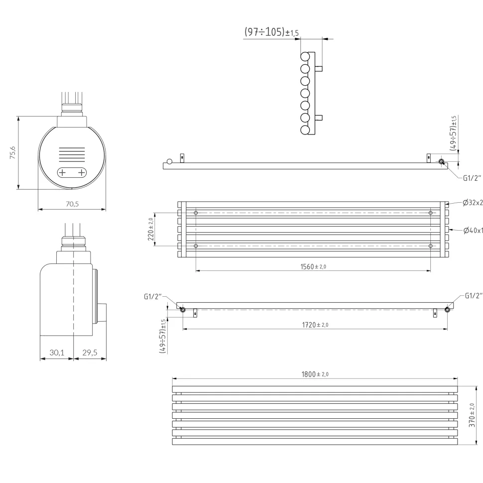 Terma Rolo Room E Single Panel 1800 x 370mm Electric Radiator with 800W Wi-Fi Controlled VEO Heating Element
