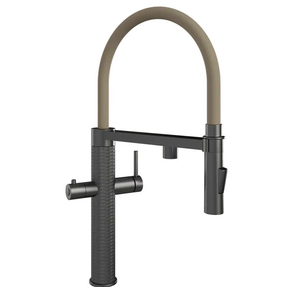 The Tap Factory Quilt Tube Gunmetal Pull Out Spray Boiling Water Kitchen Mixer with Filtered Cold Drinking Water & Coloured Spout