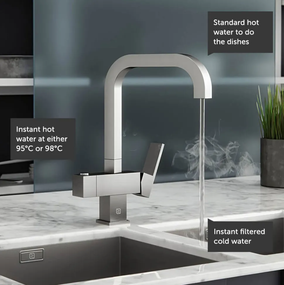 The Tap Factory Tetra Filtered Cold & Instant Boiling Water Tap with Filter & WRAS Approved Boiler Tank - Brushed Steel