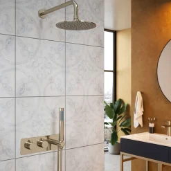 The Tap Factory Vibrance Brushed Nickel WRAS Approved Concealed Thermostatic Shower Valve with Fixed Shower Head and Shower Handset