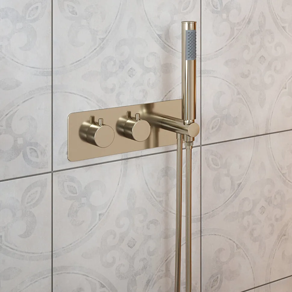 The Tap Factory Vibrance Brushed Nickel WRAS Approved Concealed Thermostatic Shower Valve with Fixed Shower Head and Shower Handset