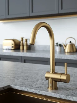 The Tap Factory Vibrance 1 Brushed Brass Single Lever Mono Kitchen Mixer