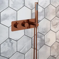 The Tap Factory Vibrance Copper WRAS Approved Concealed Thermostatic Shower Valve with Fixed Shower Head and Shower Handset