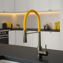 The Tap Factory Vibrance Tube Gunmetal Mono Pull Out Kitchen Mixer Tap with Coloured Spout