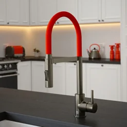 The Tap Factory Vibrance Tube Gunmetal Mono Pull Out Kitchen Mixer Tap with Coloured Spout