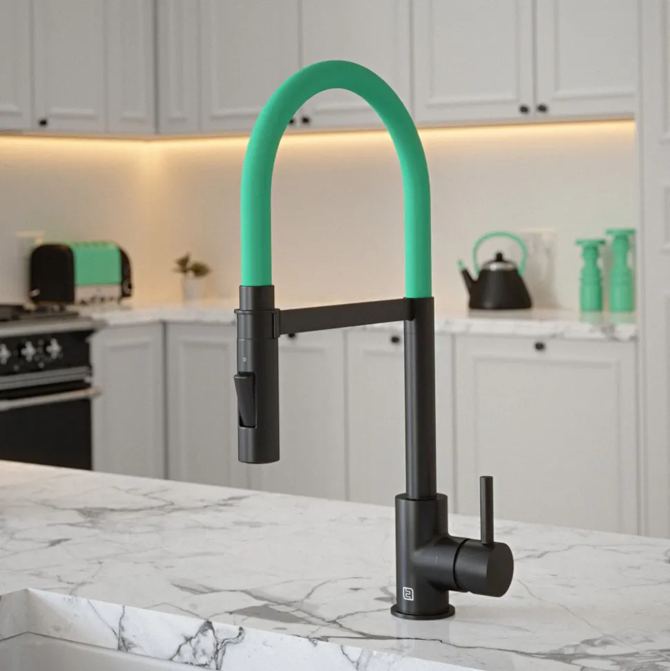 The Tap Factory Vibrance Tube Matt Black Mono Pull Out Kitchen Mixer Tap with Coloured Spout