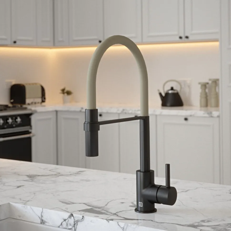 The Tap Factory Vibrance Tube Matt Black Mono Pull Out Kitchen Mixer Tap with Coloured Spout