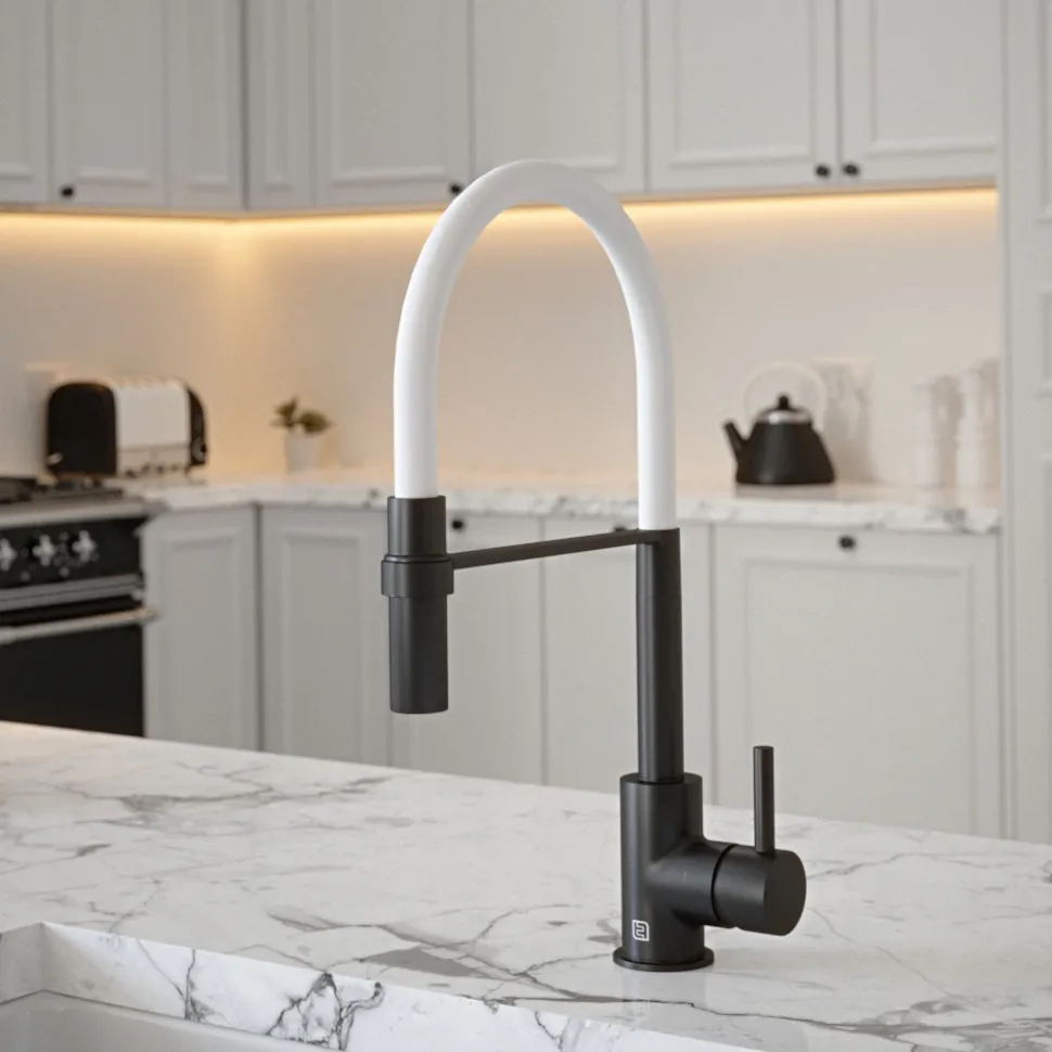 The Tap Factory Vibrance Tube Matt Black Mono Pull Out Kitchen Mixer Tap with Coloured Spout