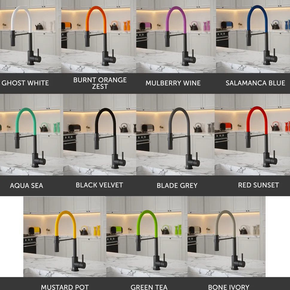 The Tap Factory Vibrance Tube Matt Black Mono Pull Out Kitchen Mixer Tap with Coloured Spout