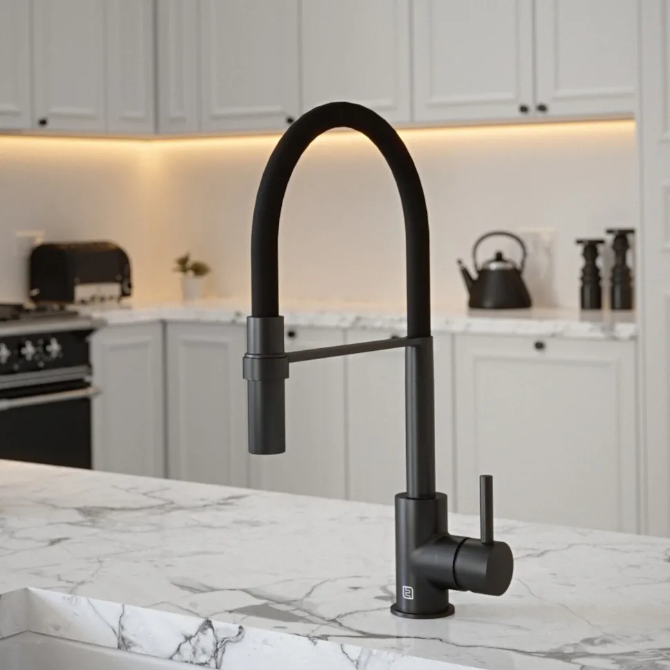 The Tap Factory Vibrance Tube Matt Black Mono Pull Out Kitchen Mixer Tap with Coloured Spout