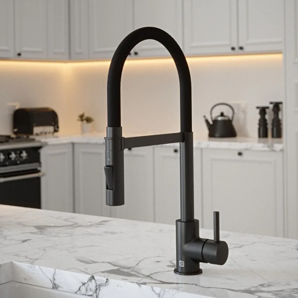 The Tap Factory Vibrance Tube Matt Black Mono Pull Out Kitchen Mixer Tap with Coloured Spout