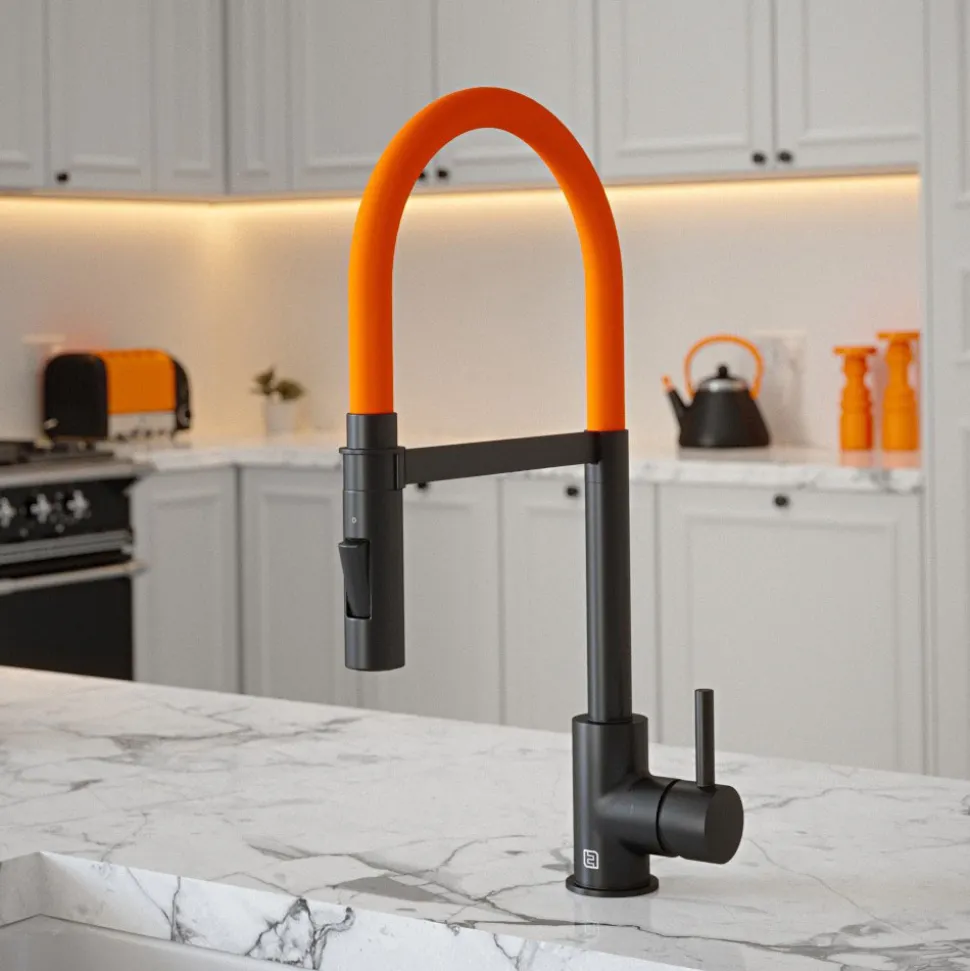 The Tap Factory Vibrance Tube Matt Black Mono Pull Out Kitchen Mixer Tap with Coloured Spout