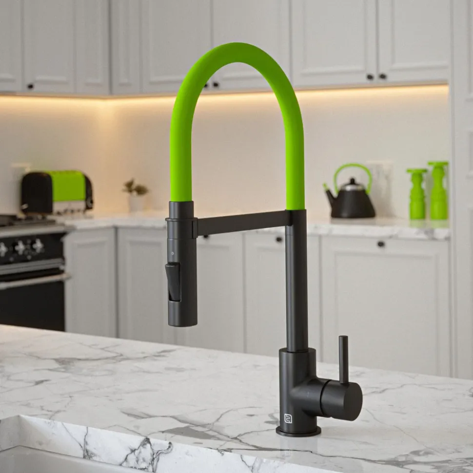 The Tap Factory Vibrance Tube Matt Black Mono Pull Out Kitchen Mixer Tap with Coloured Spout