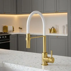 The Tap Factory Vibrance Tube Brushed Brass Mono Pull Out Kitchen Mixer Tap with Coloured Spout
