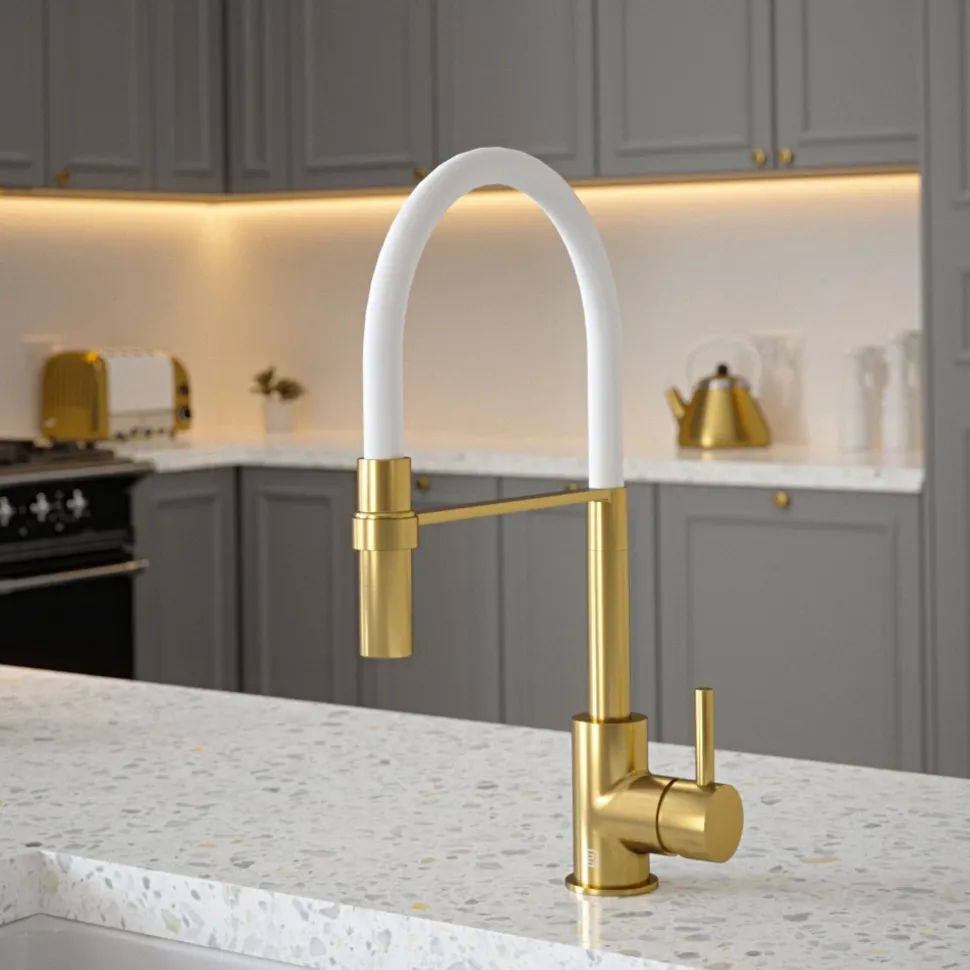 The Tap Factory Vibrance Tube Brushed Brass Mono Pull Out Kitchen Mixer Tap with Coloured Spout