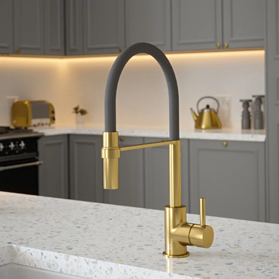 The Tap Factory Vibrance Tube Brushed Brass Mono Pull Out Kitchen Mixer Tap with Coloured Spout