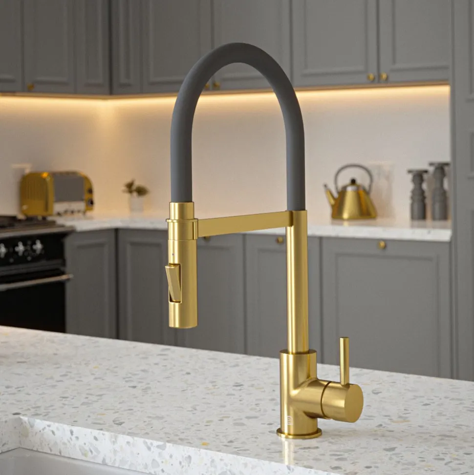 The Tap Factory Vibrance Tube Brushed Brass Mono Pull Out Kitchen Mixer Tap with Coloured Spout