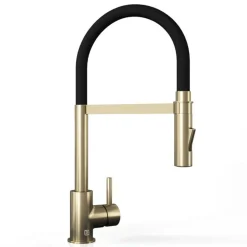 The Tap Factory Vibrance Tube Brushed Brass Mono Pull Out Kitchen Mixer Tap with Coloured Spout