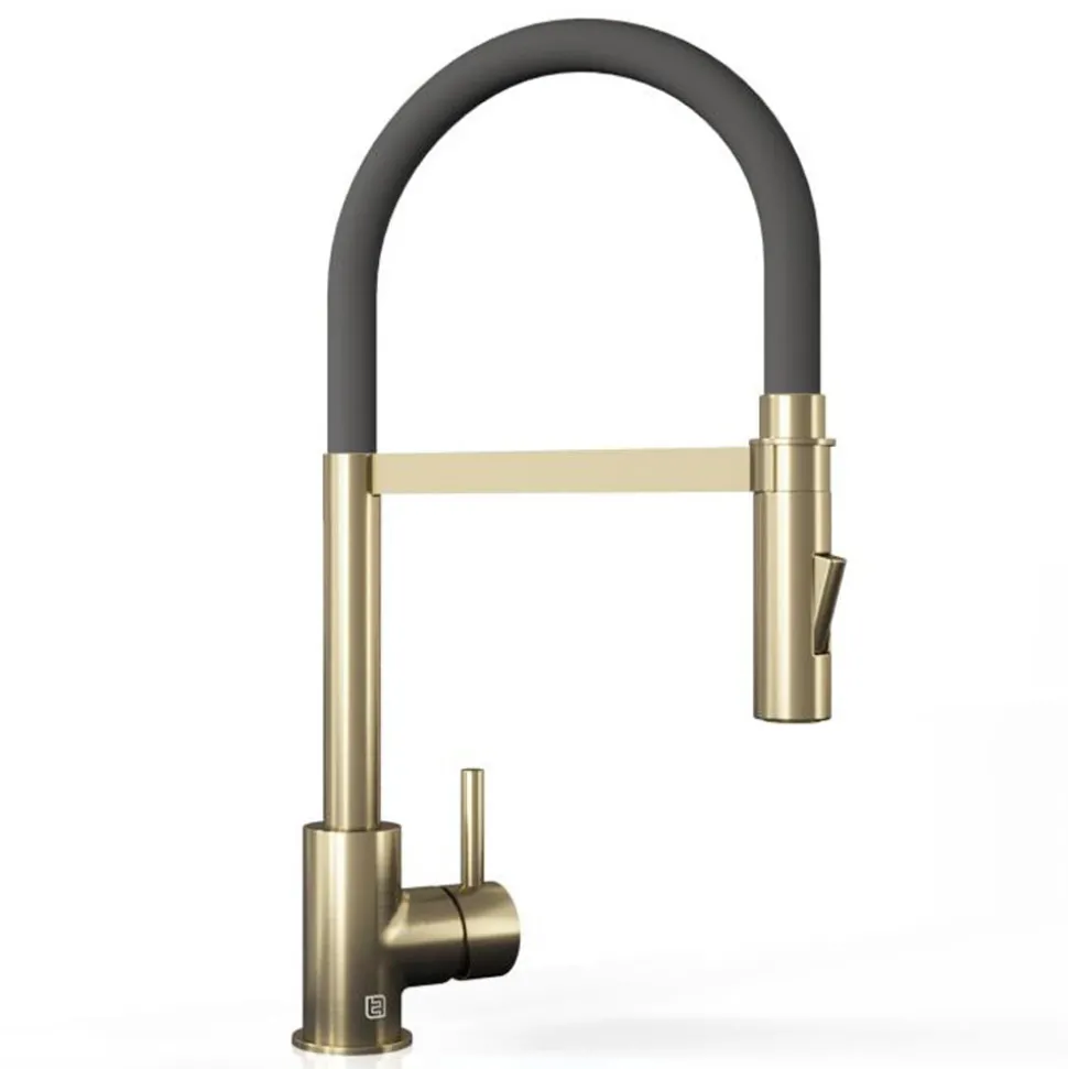 The Tap Factory Vibrance Tube Brushed Brass Mono Pull Out Kitchen Mixer Tap with Coloured Spout