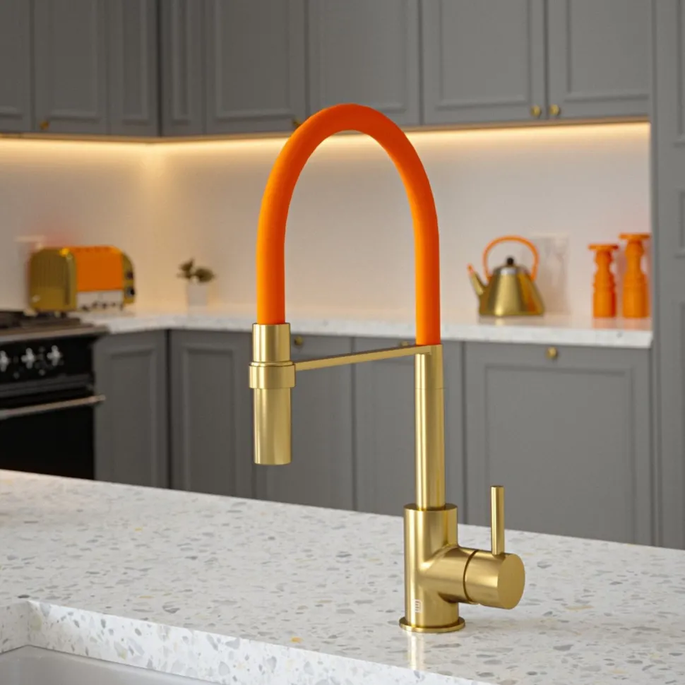 The Tap Factory Vibrance Tube Brushed Brass Mono Pull Out Kitchen Mixer Tap with Coloured Spout