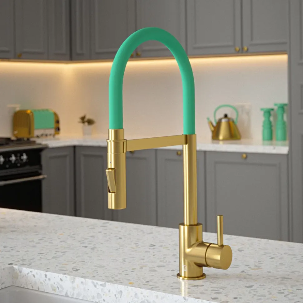 The Tap Factory Vibrance Tube Brushed Brass Mono Pull Out Kitchen Mixer Tap with Coloured Spout