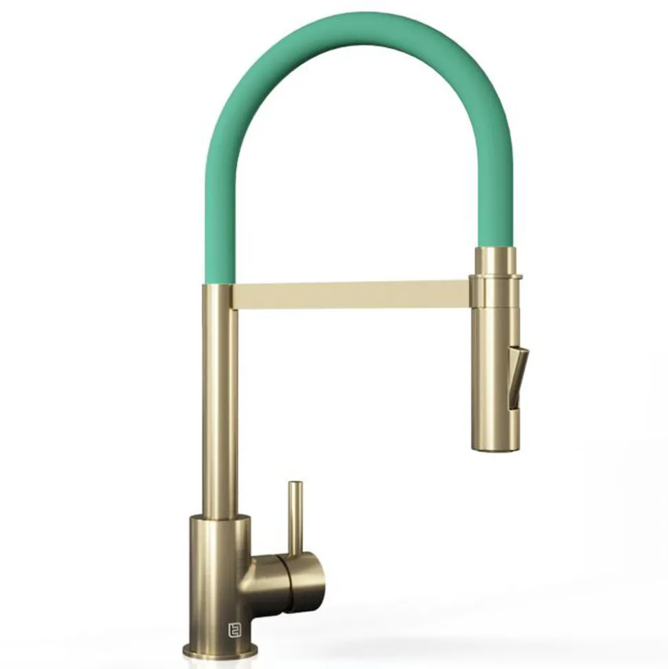 The Tap Factory Vibrance Tube Brushed Brass Mono Pull Out Kitchen Mixer Tap with Coloured Spout