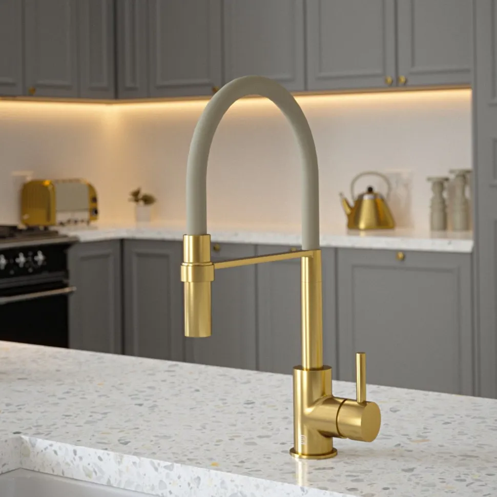 The Tap Factory Vibrance Tube Brushed Brass Mono Pull Out Kitchen Mixer Tap with Coloured Spout