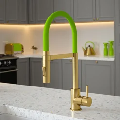 The Tap Factory Vibrance Tube Brushed Brass Mono Pull Out Kitchen Mixer Tap with Coloured Spout