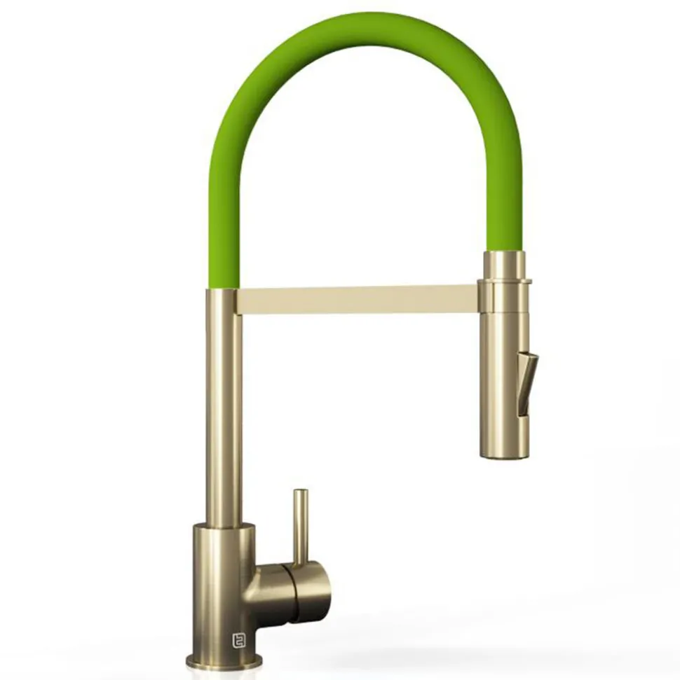 The Tap Factory Vibrance Tube Brushed Brass Mono Pull Out Kitchen Mixer Tap with Coloured Spout