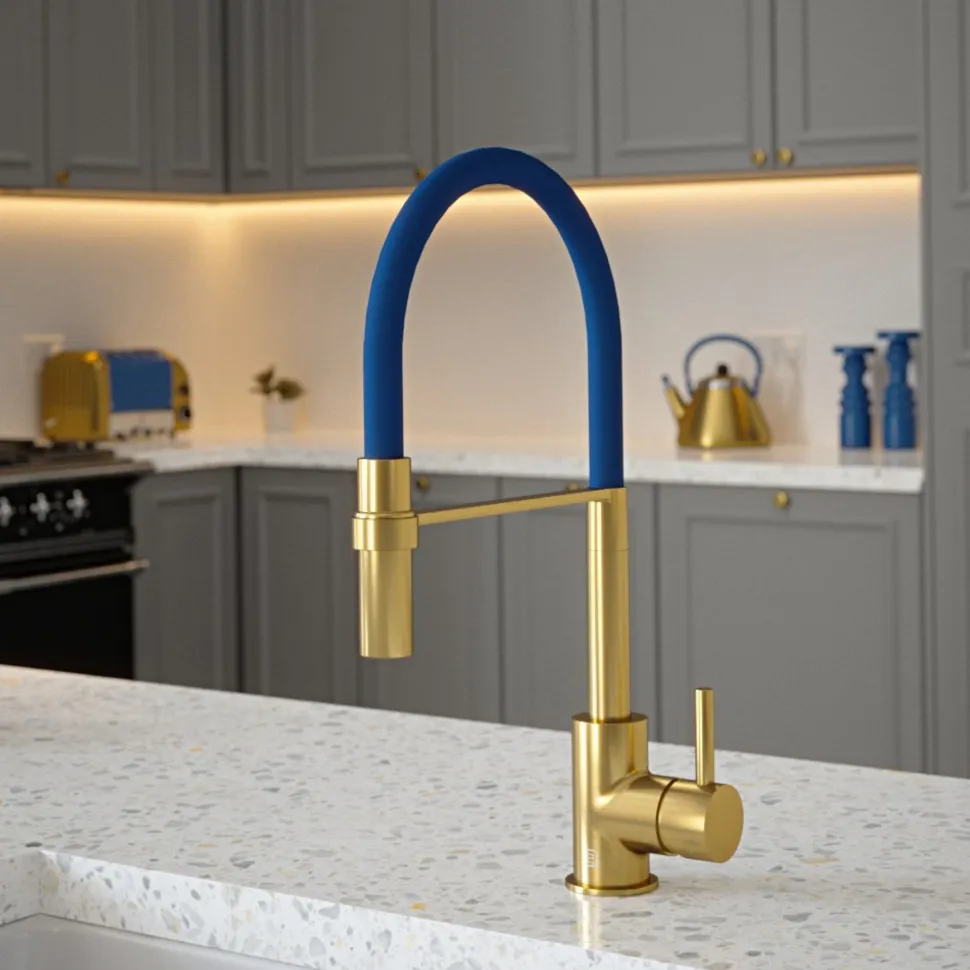 The Tap Factory Vibrance Tube Brushed Brass Mono Pull Out Kitchen Mixer Tap with Coloured Spout