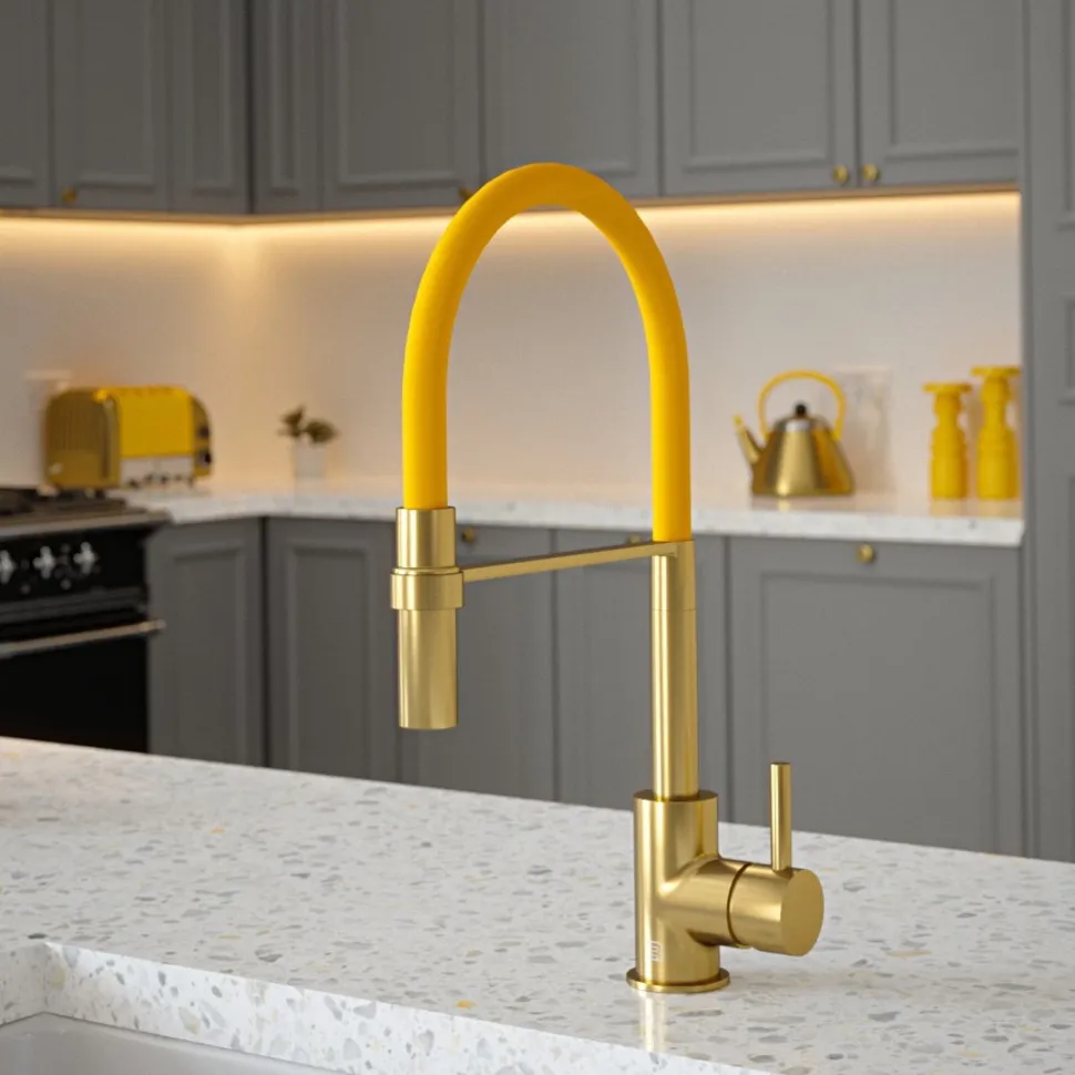 The Tap Factory Vibrance Tube Brushed Brass Mono Pull Out Kitchen Mixer Tap with Coloured Spout
