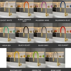 The Tap Factory Vibrance Tube Brushed Brass Mono Pull Out Kitchen Mixer Tap with Coloured Spout